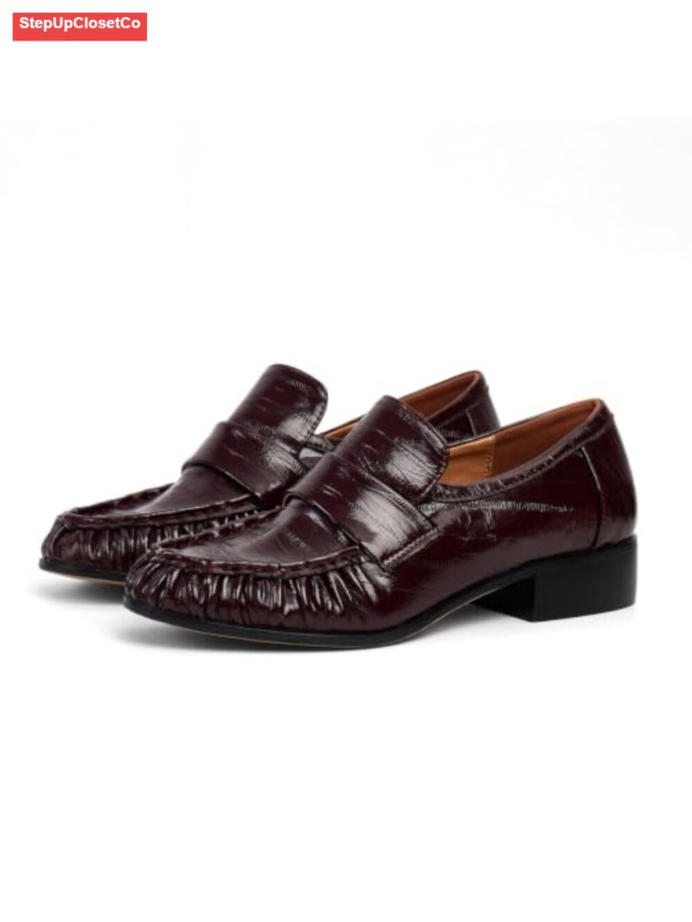 Women's Chunky Heel Penny Loafers Slip On Faux Leather Shoes